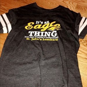 A grey t-shirt with wording.